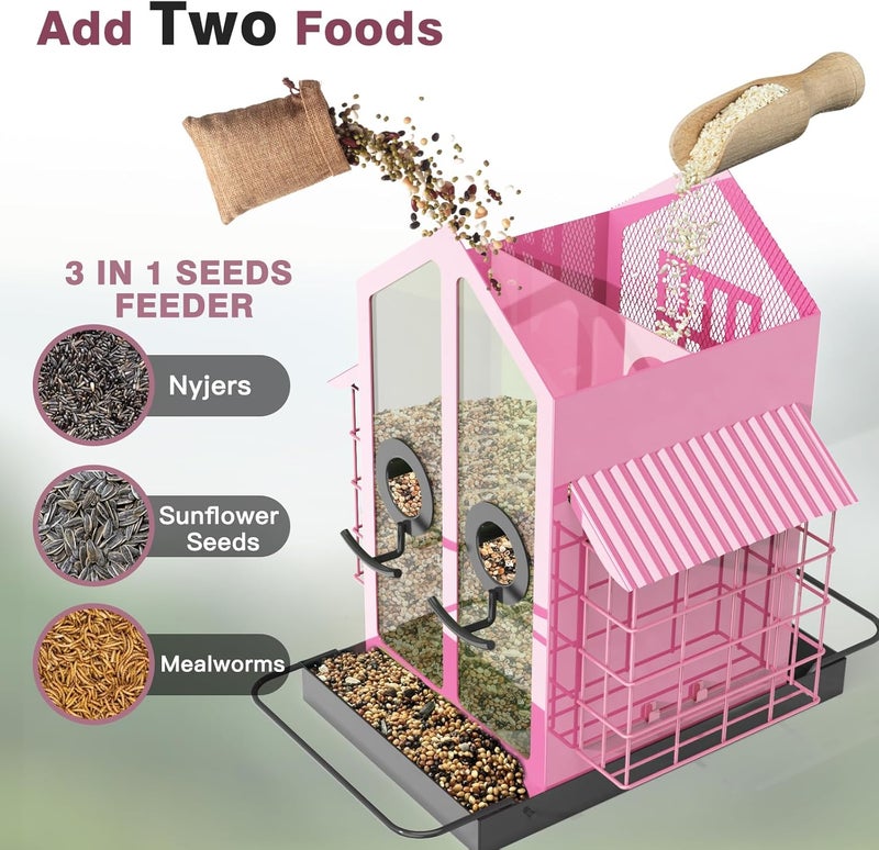 FlowaFoli Bird Feeders for Outdoors, Metal Bird Feeder with Double Suet Cage Weatherproof Metal Roof, 2 in 1 Mixed Seeds Suet Feeder, 4Lbs Large Capacity, Great for Finch、Cardinal、Chickadee（Pink） - Image 2